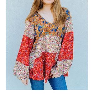 HAILEY & CO boho patchwork floral flowy blouse MED